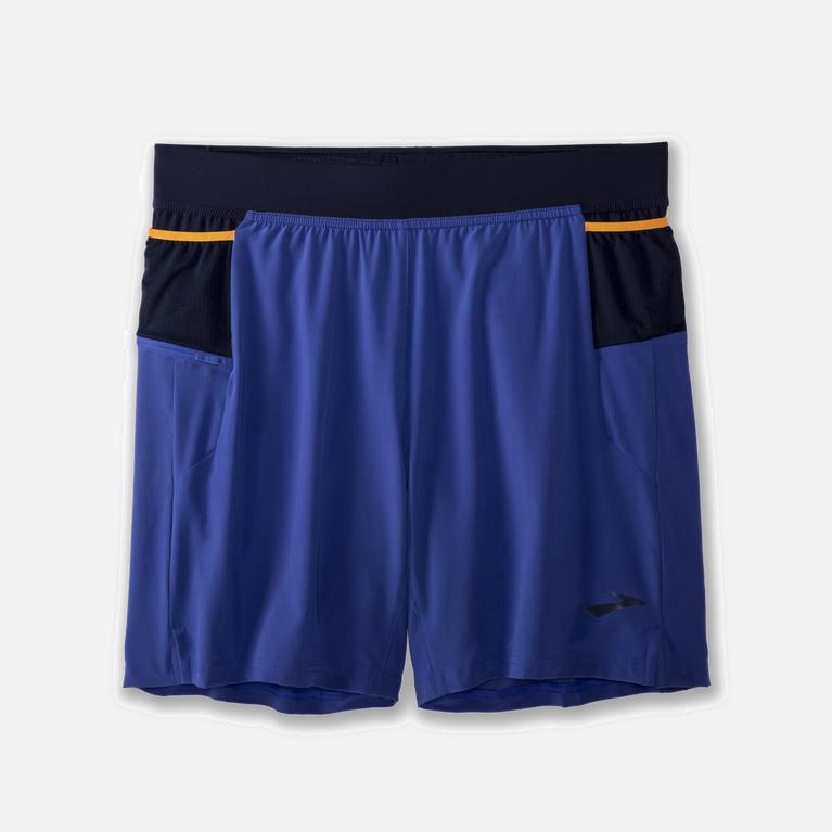 Brooks Men's Sherpa 7 2-In-1 Running Shorts Singapore - Amparo Blue/Navy/Fluoro Orange (50213-YCRQ)